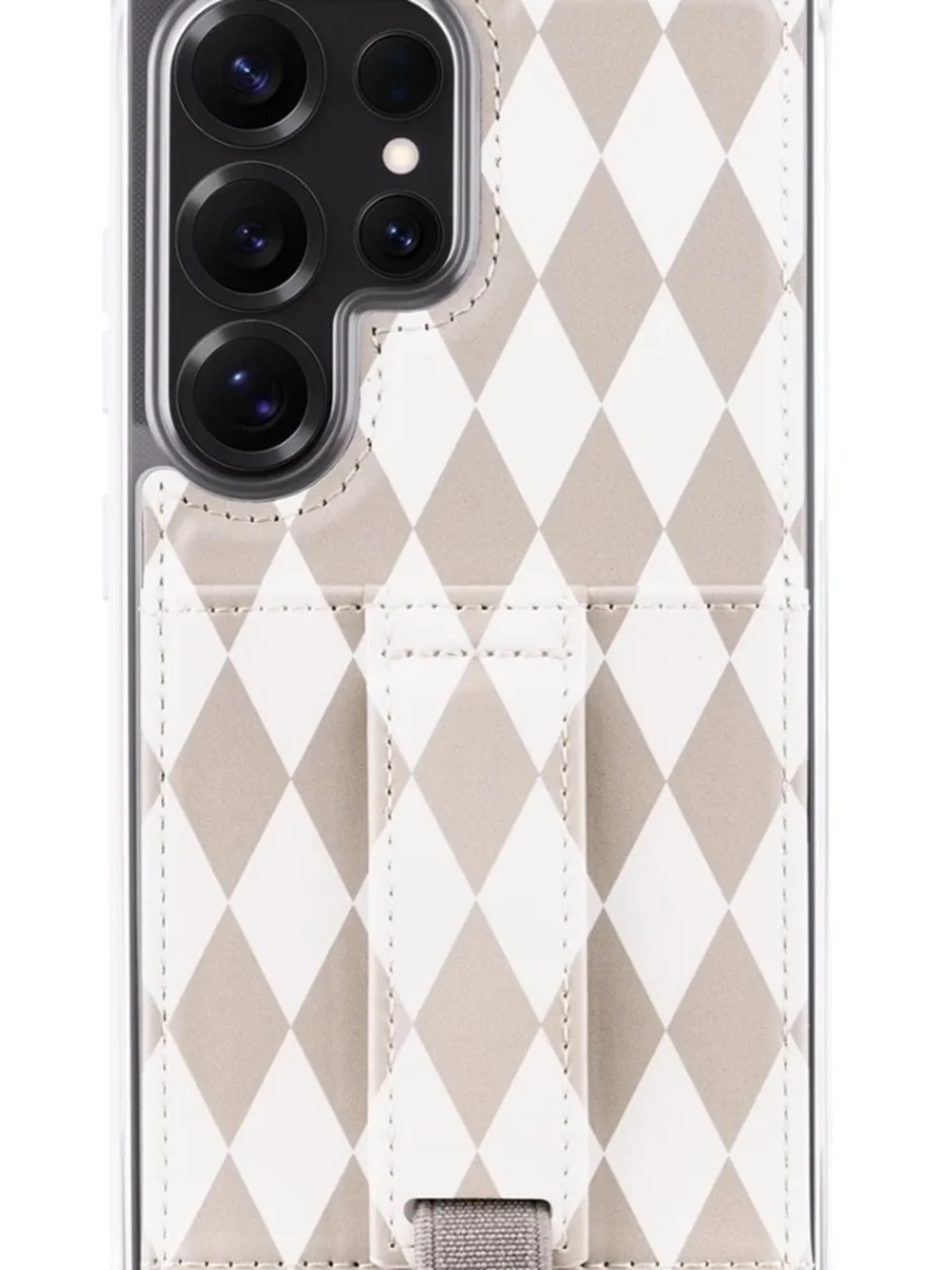 Wallis Beige and White Argyle Phone Case with Hand Strap